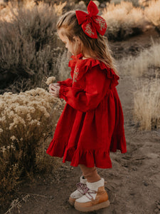 Scarlet Red Linen Long Sleeve Ruffle Dress with "Christmas Mistletoe" Embroidery