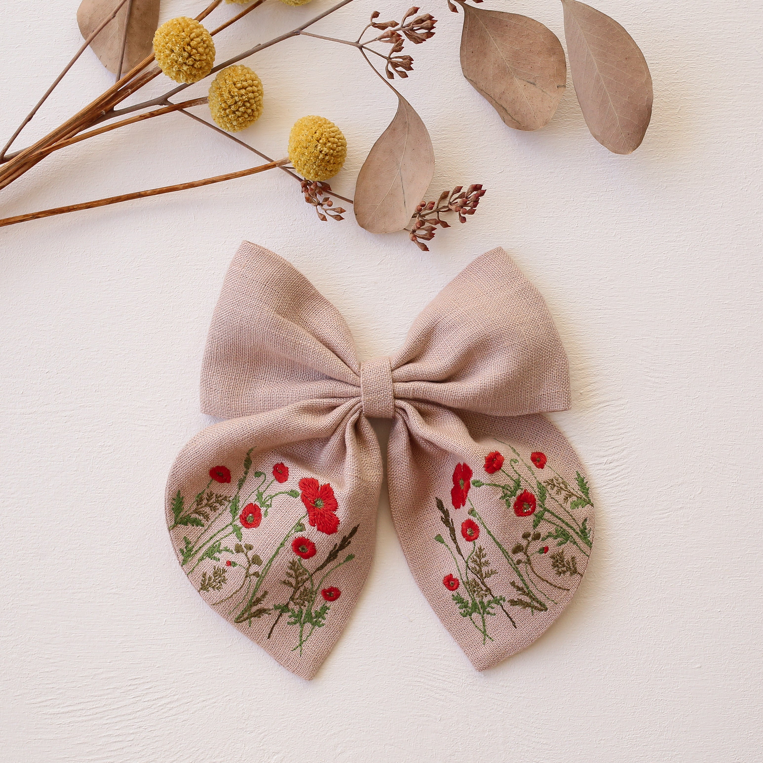 Embroidered Hair Bow with "Poppy Meadow" Embroidery in Beige Linen