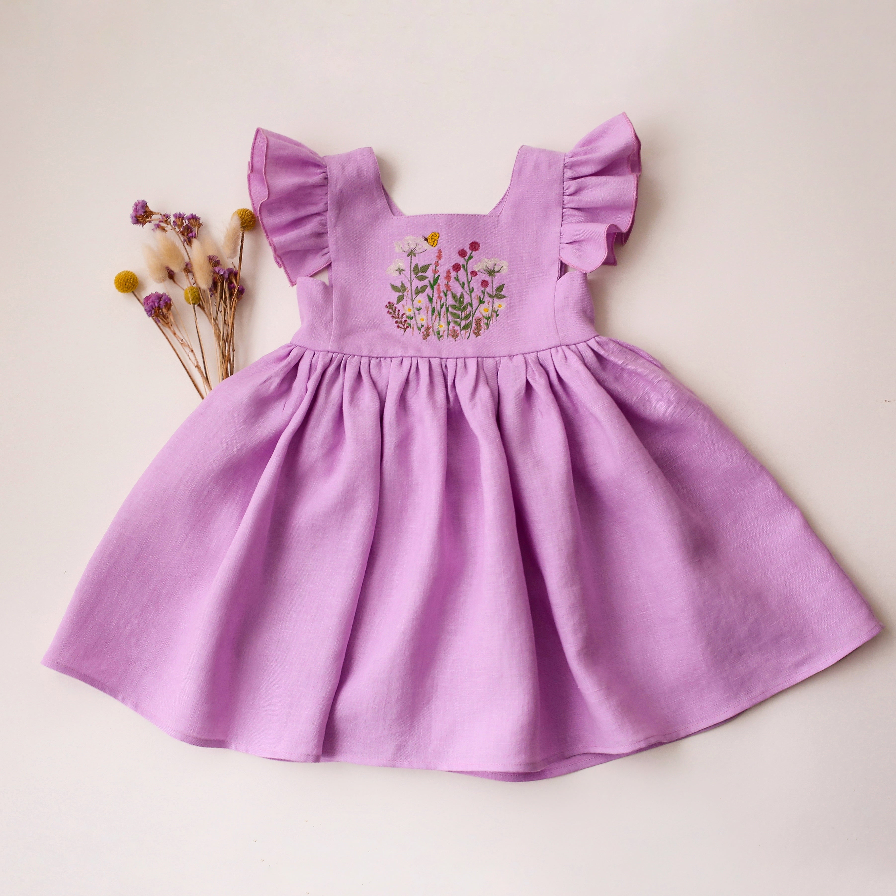 Wisteria Linen Flutter Sleeve Square Neckline Dress with "Wildflowers with Butterfly" Embroidery