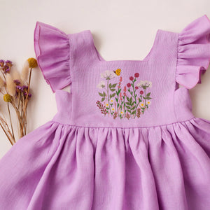 Wisteria Linen Flutter Sleeve Square Neckline Dress with "Wildflowers with Butterfly" Embroidery