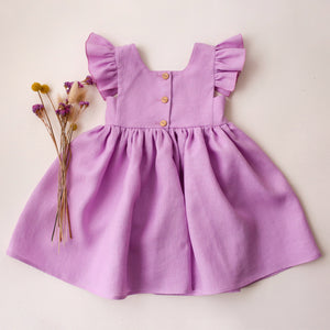 Wisteria Linen Flutter Sleeve Square Neckline Dress with "Wildflowers with Butterfly" Embroidery