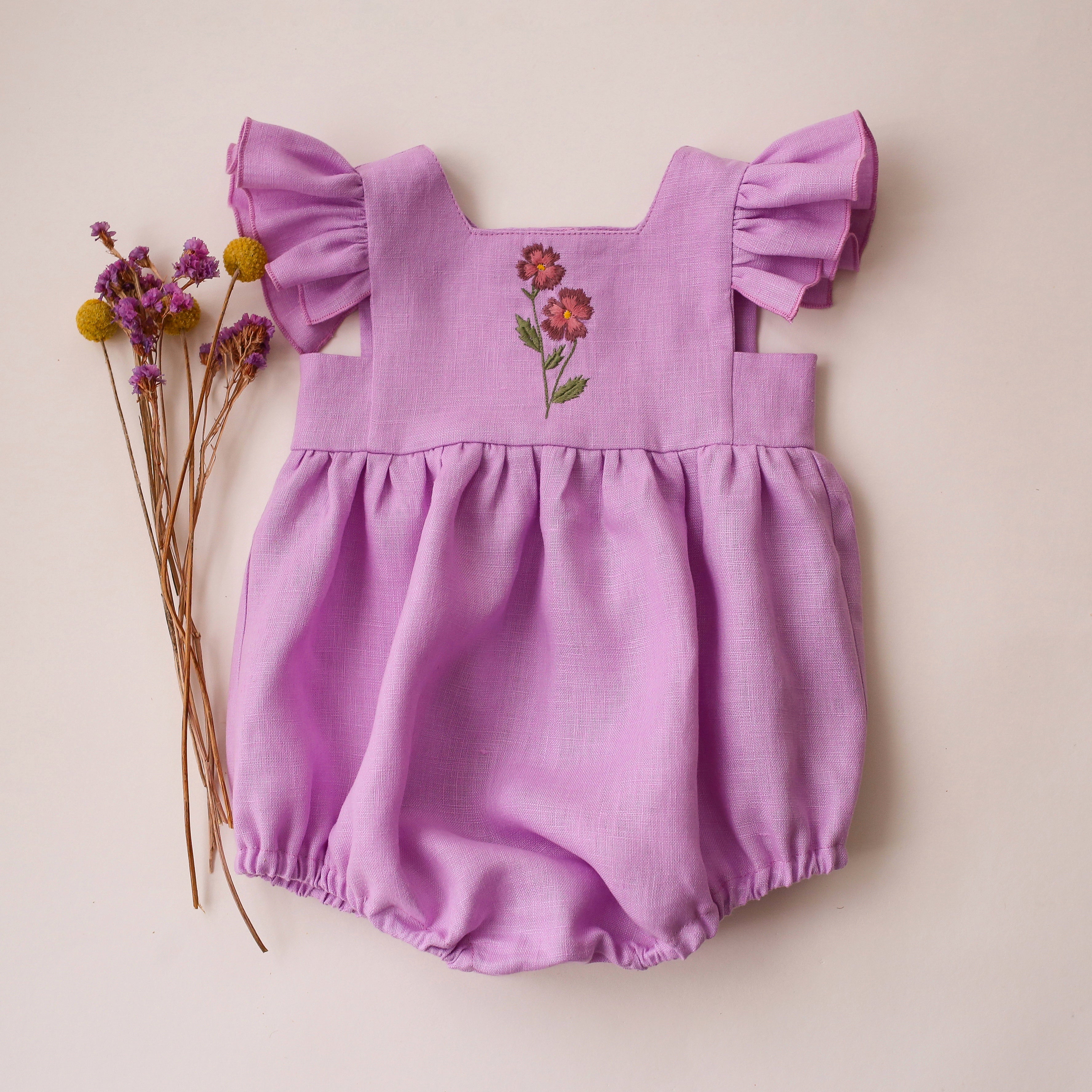 Wisteria Linen Flutter Sleeve Square Neckline Bubble Playsuit with "Single Flower" Embroidery