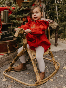 Scarlet Red Linen Full Length Flutter Sleeve Bubble Playsuit with "Christmas Holly Bouquet" Embroidery