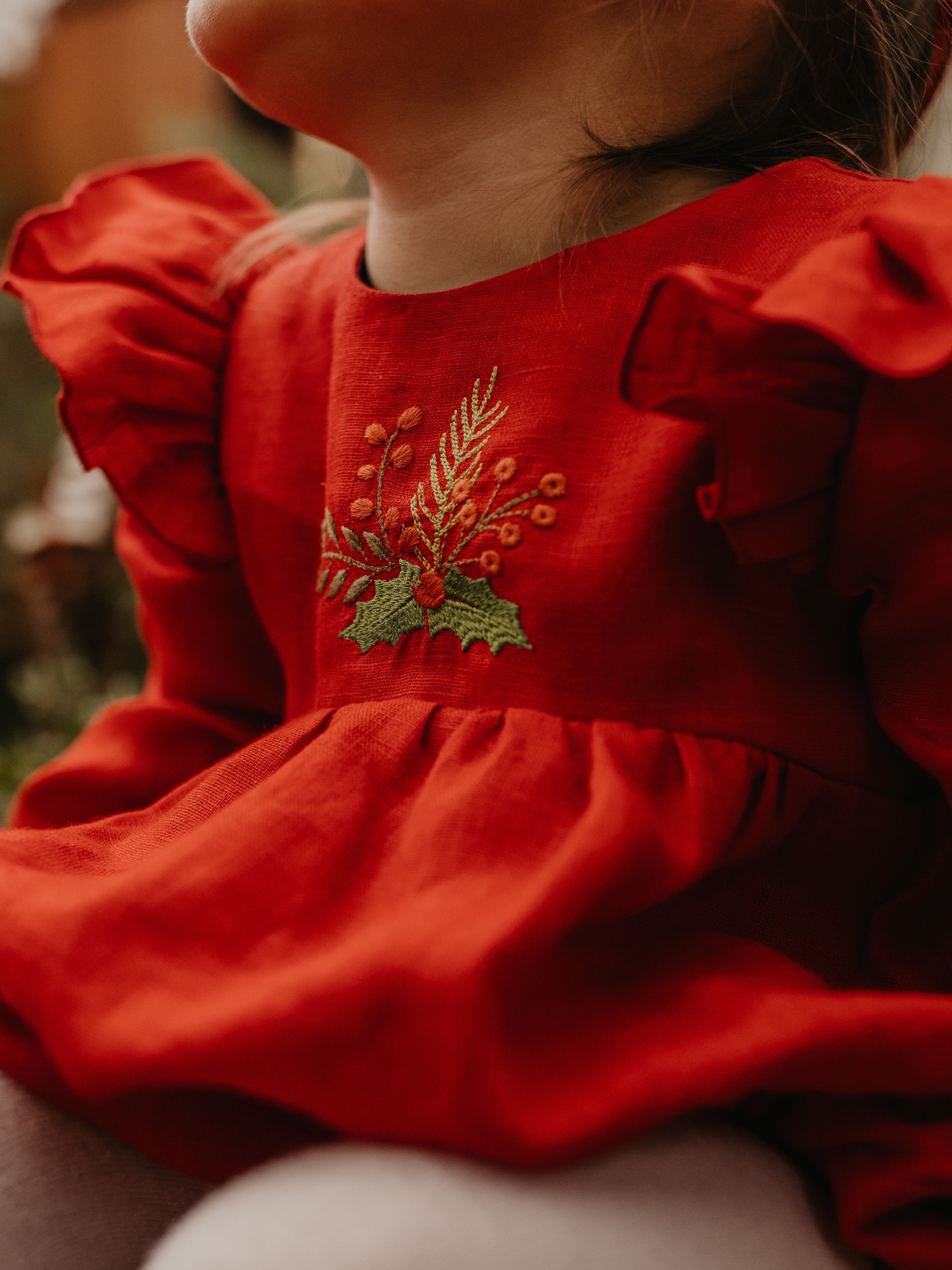 Scarlet Red Linen Full Length Flutter Sleeve Bubble Playsuit with "Christmas Holly Bouquet" Embroidery