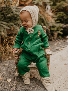 Emerald Green Linen Long Sleeve Buttoned Jumpsuit with "Christmas Candy Cane" Embroidery