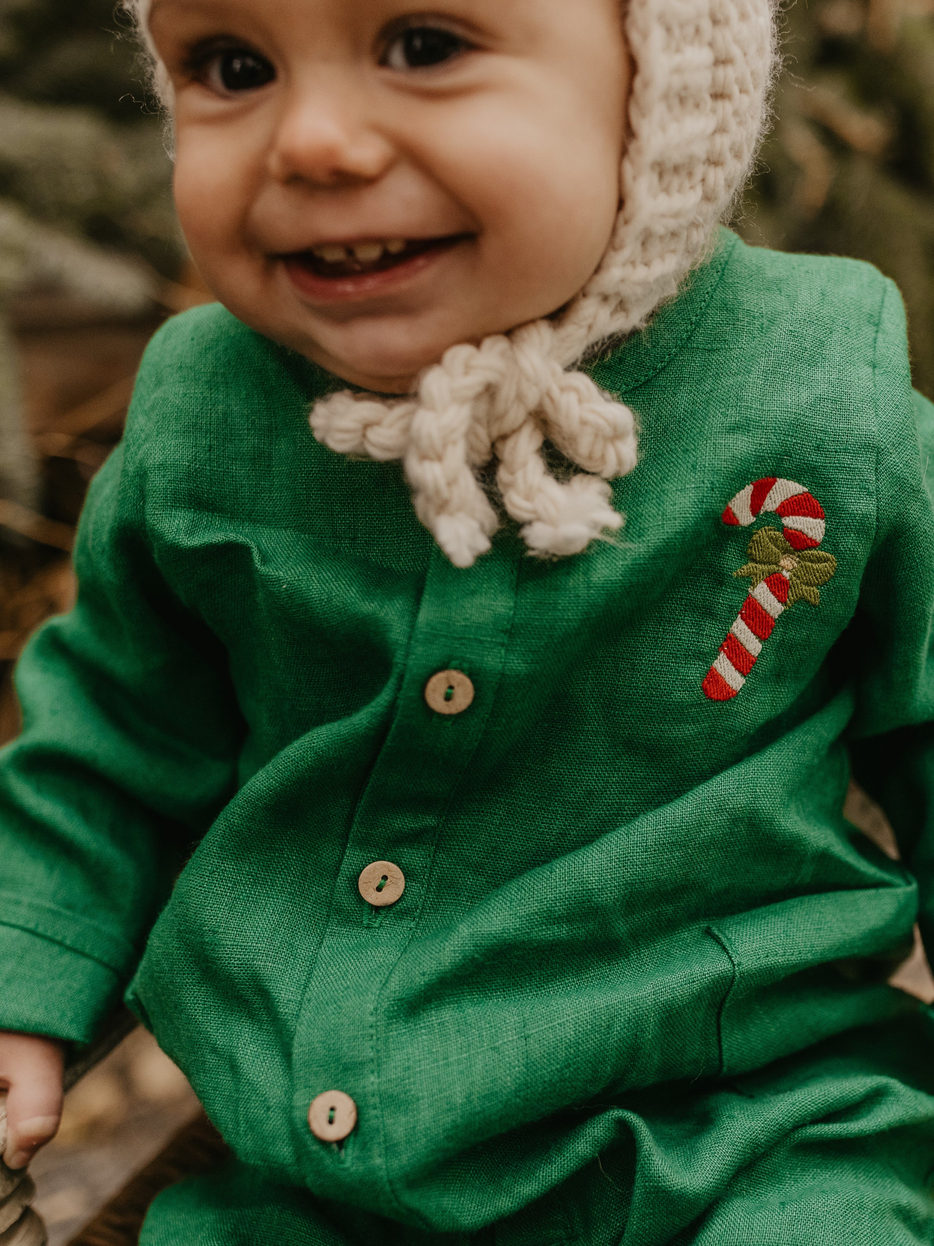 Emerald Green Linen Long Sleeve Buttoned Jumpsuit with "Christmas Candy Cane" Embroidery