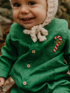 Emerald Green Linen Long Sleeve Buttoned Jumpsuit with "Christmas Candy Cane" Embroidery