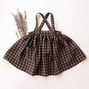 Taupe & Black Check Linen Straps Pinafore with Pockets