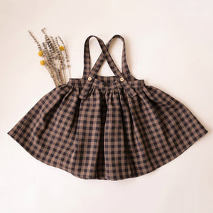 Taupe & Black Check Linen Straps Pinafore with Pockets