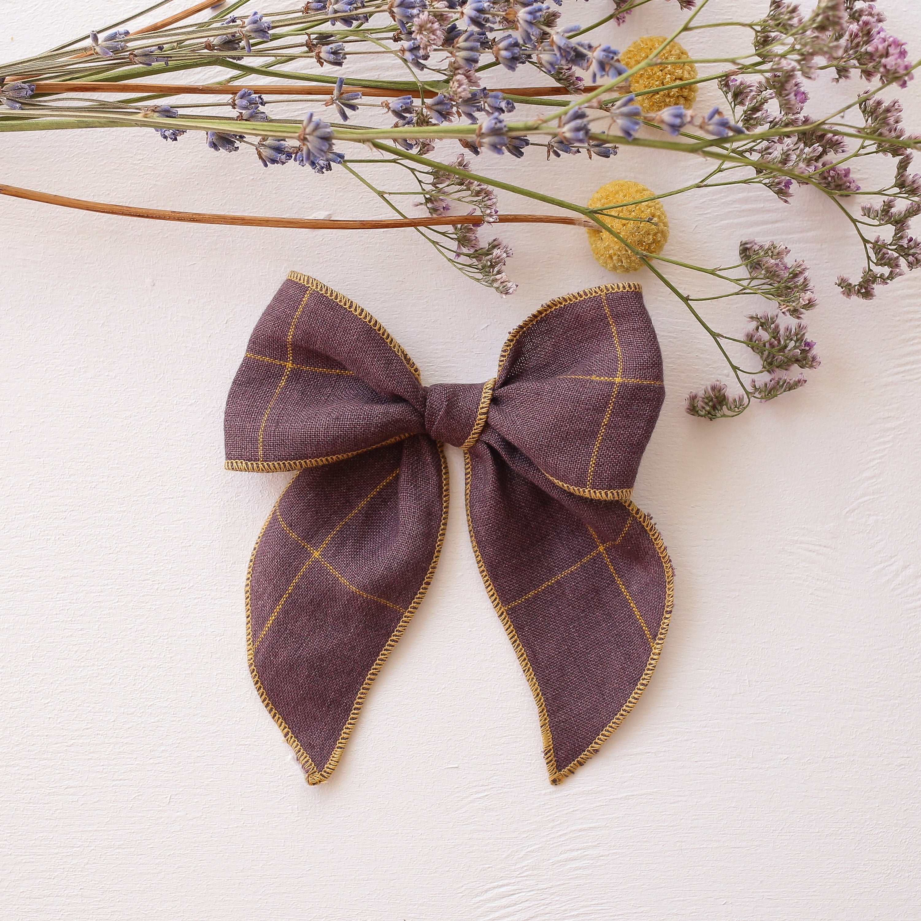 Whimsy Hair Bow in Plum Check Linen