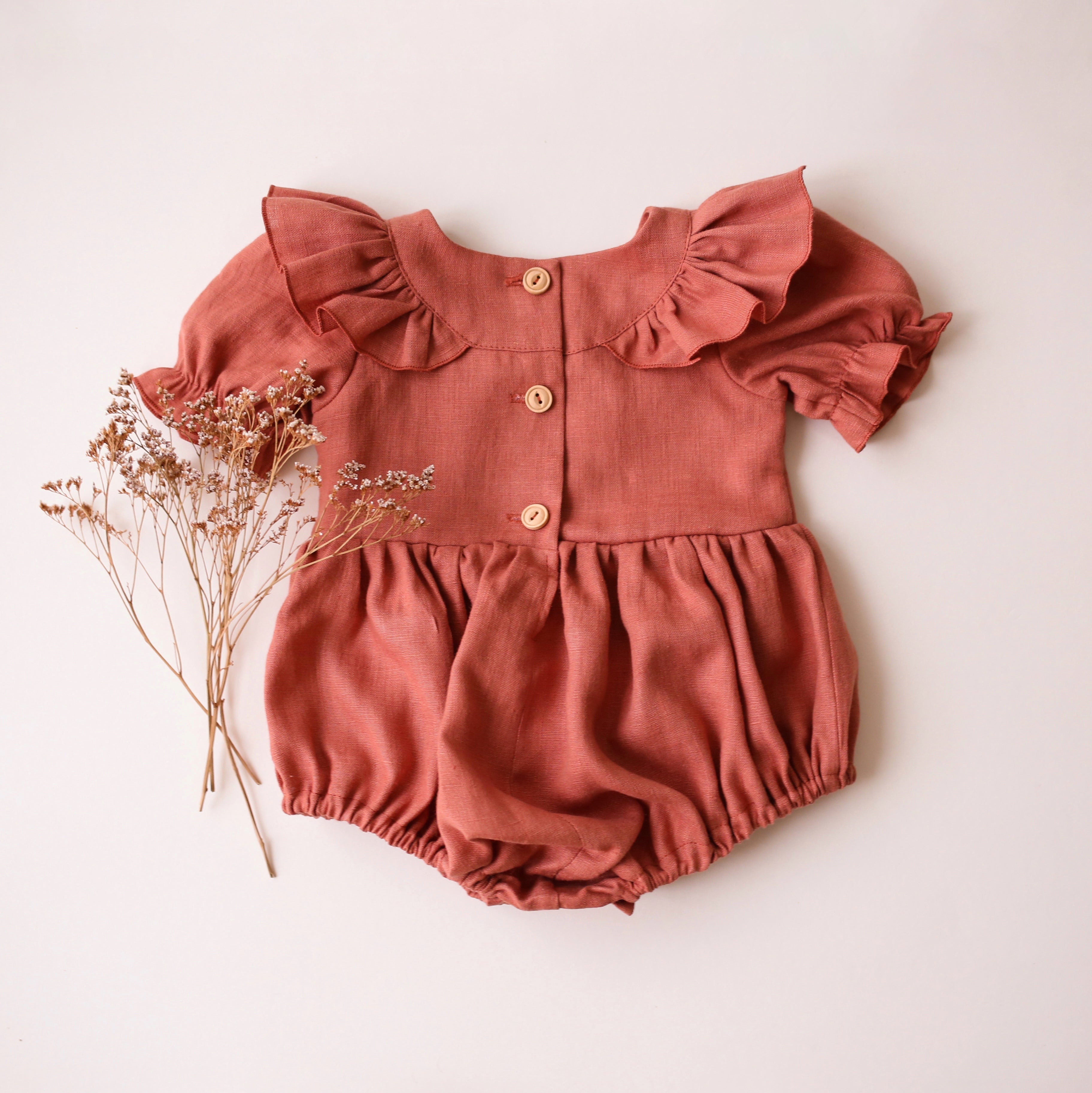 12-18 months - Rose Bouquet Linen Short Sleeve Flutter Bodice Bubble Playsuit