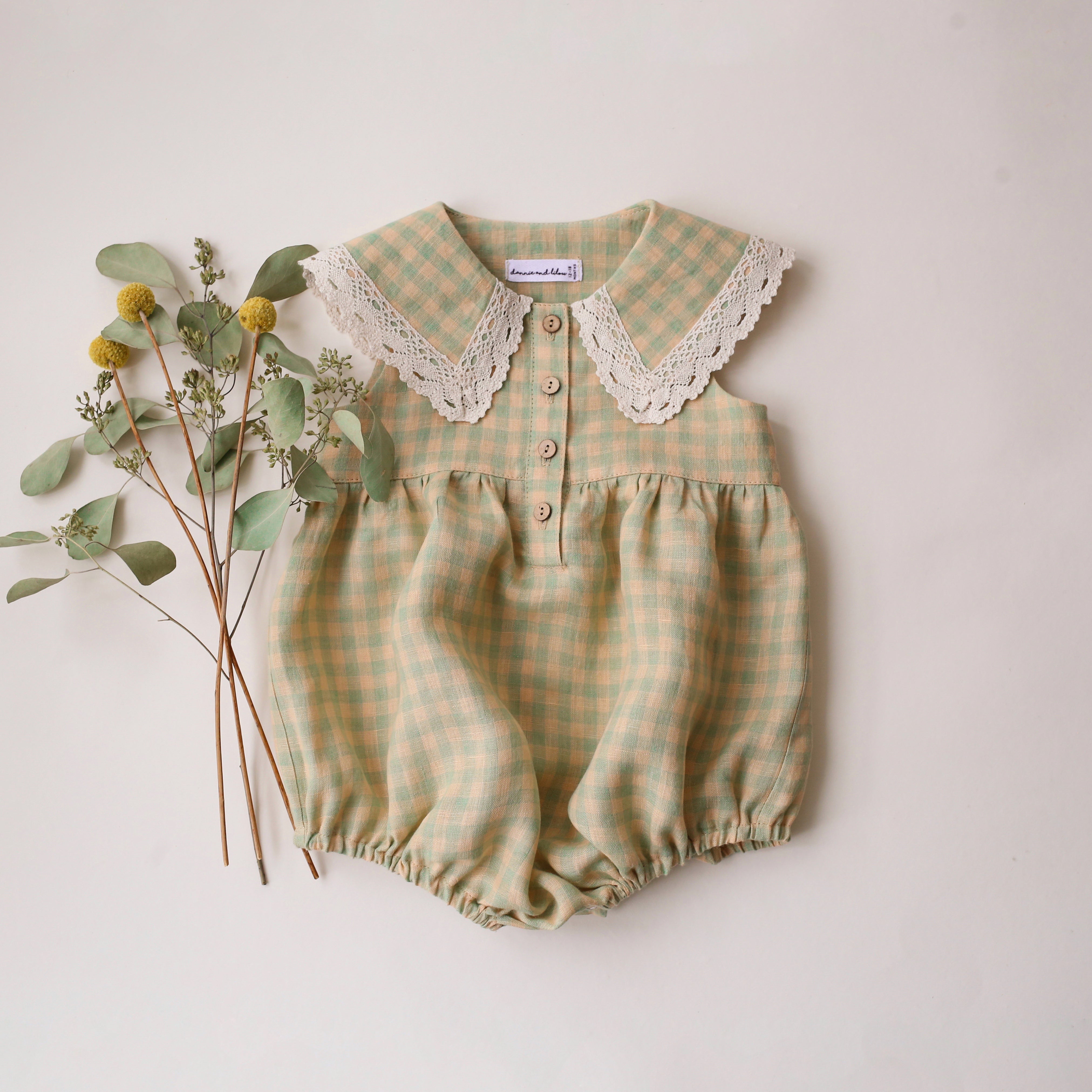 Green Gingham Linen Pointed Collar Bubble Playsuit with Lace