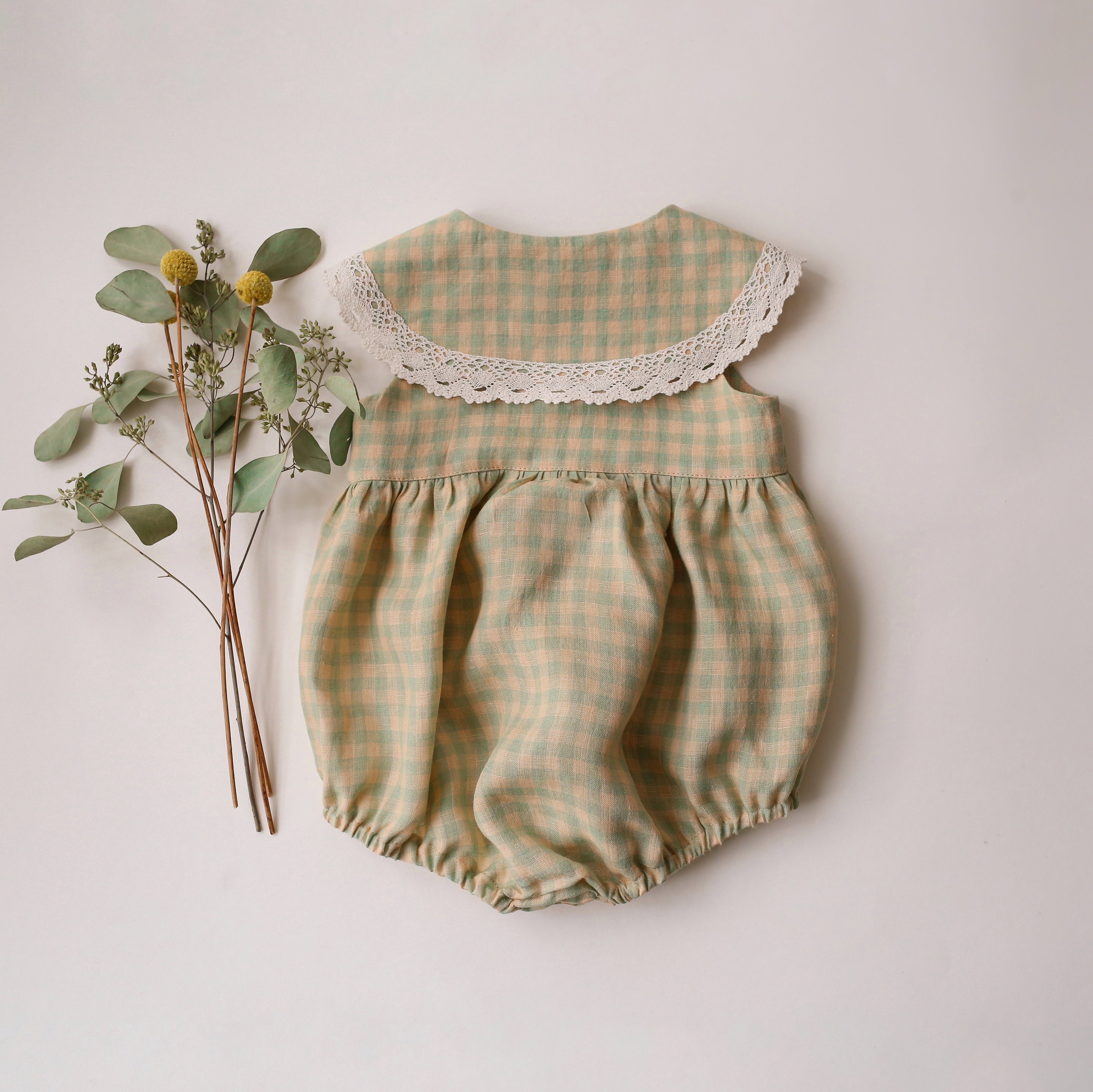 Green Gingham Linen Pointed Collar Bubble Playsuit with Lace
