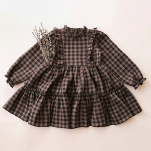 Taupe & Black Check Linen Long Sleeve Frills Bodice Dress