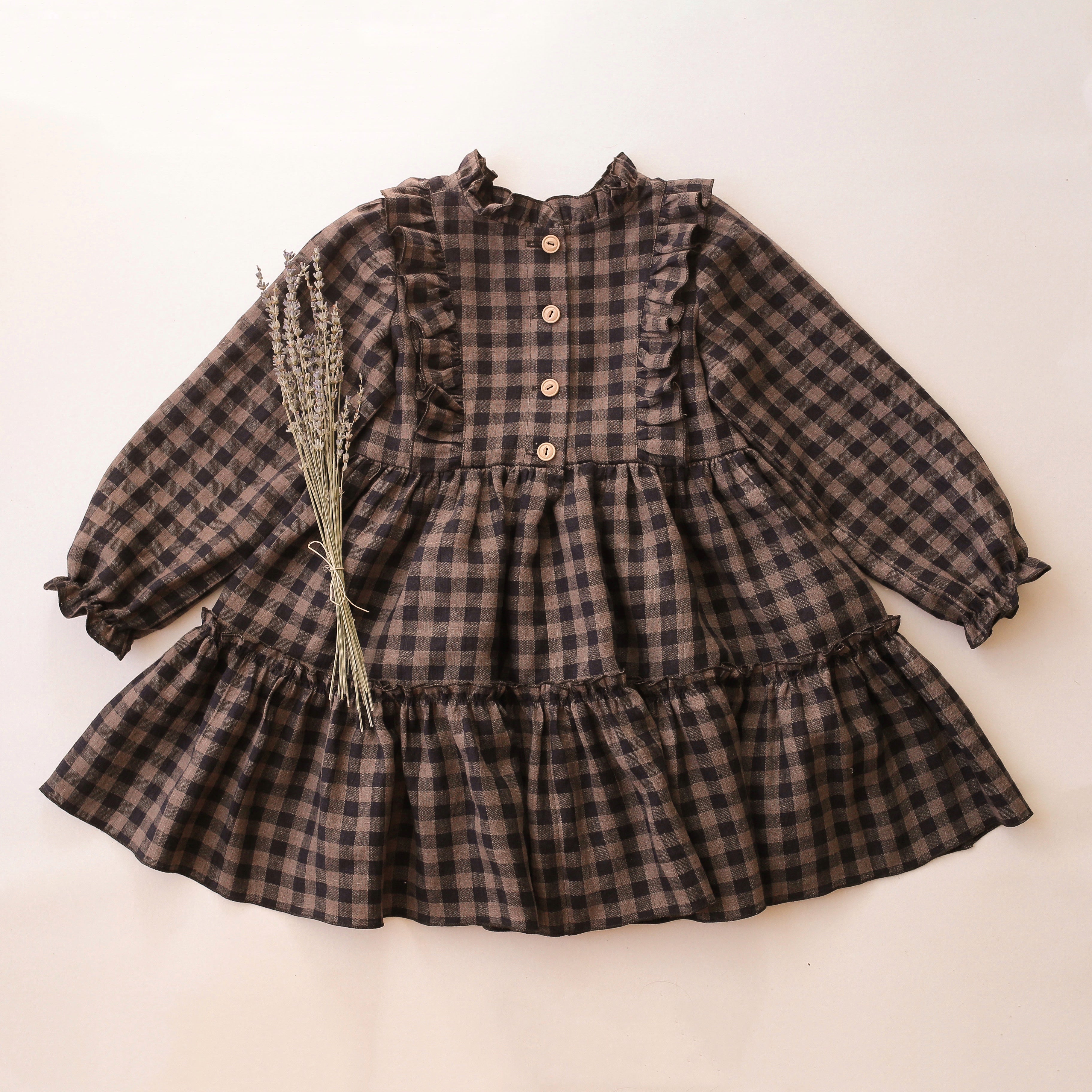 Taupe & Black Check Linen Long Sleeve Frills Bodice Dress