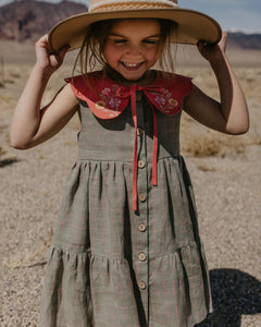 Powder Linen Tiered Dress with Petal Collar in Powder Linen with "Strawberry Bouquet" Embroidery