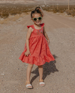 Clay Linen Sundress with Flutter Sleeves with "Poppy Meadow" Embroidery