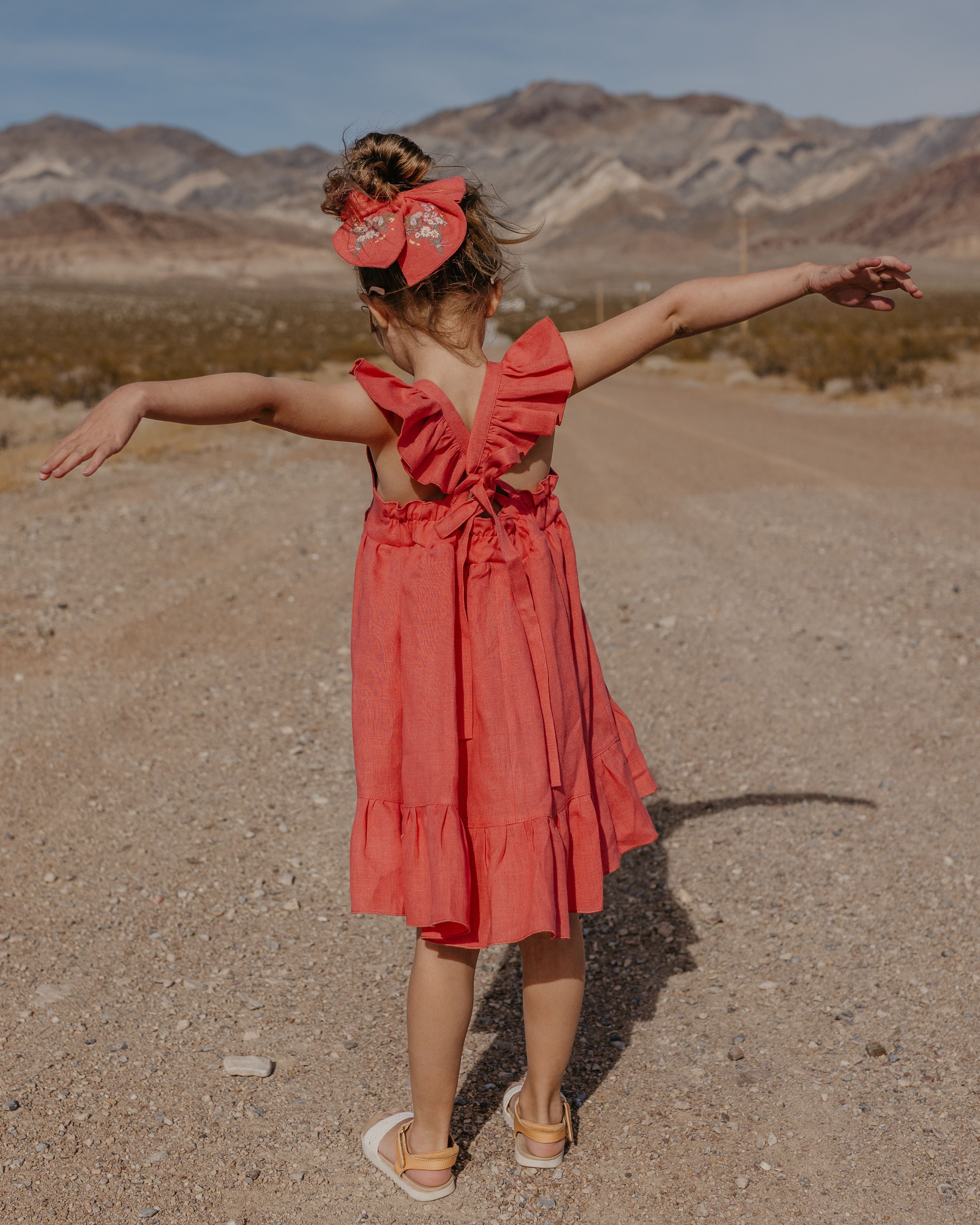 Clay Linen Sundress with Flutter Sleeves with "Poppy Meadow" Embroidery
