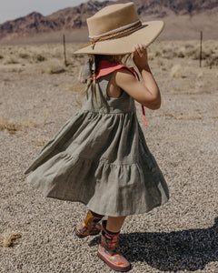 Powder Linen Tiered Dress with Petal Collar in Powder Linen with "Strawberry Bouquet" Embroidery