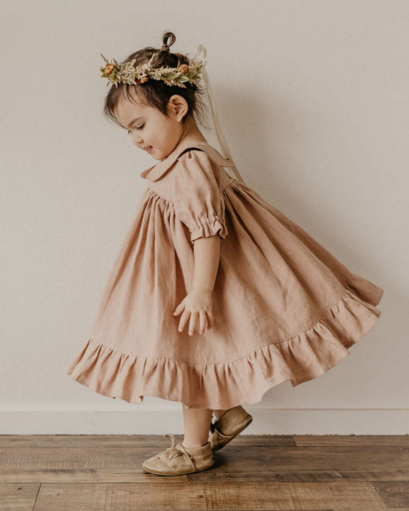 Powder Linen Short Sleeve Peter Pan Collar Babydoll Bodice Dress
