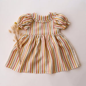 Rainbow Linen Short Sleeve Frilled Collar Dress
