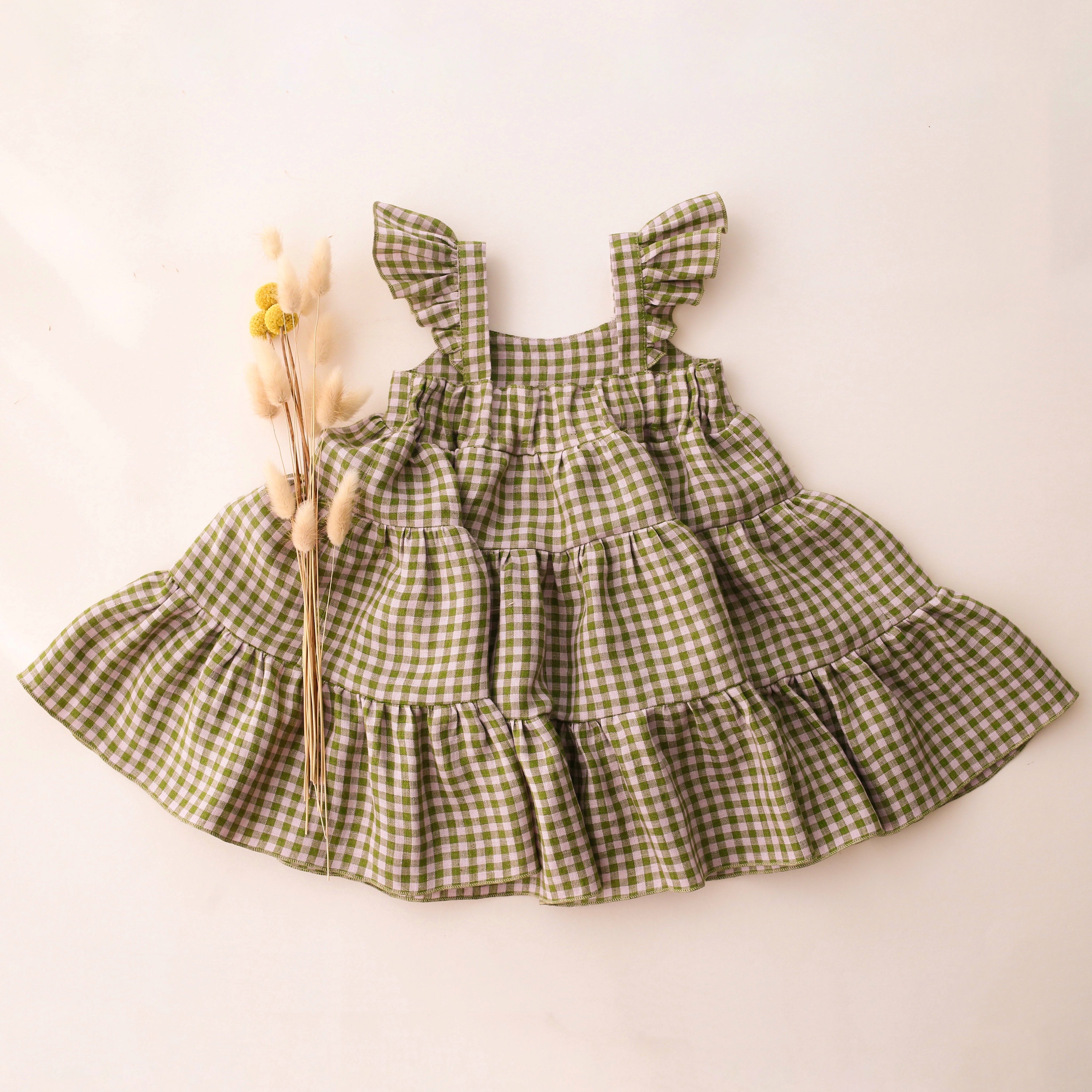 Grass Green Gingham Linen Boho Dress