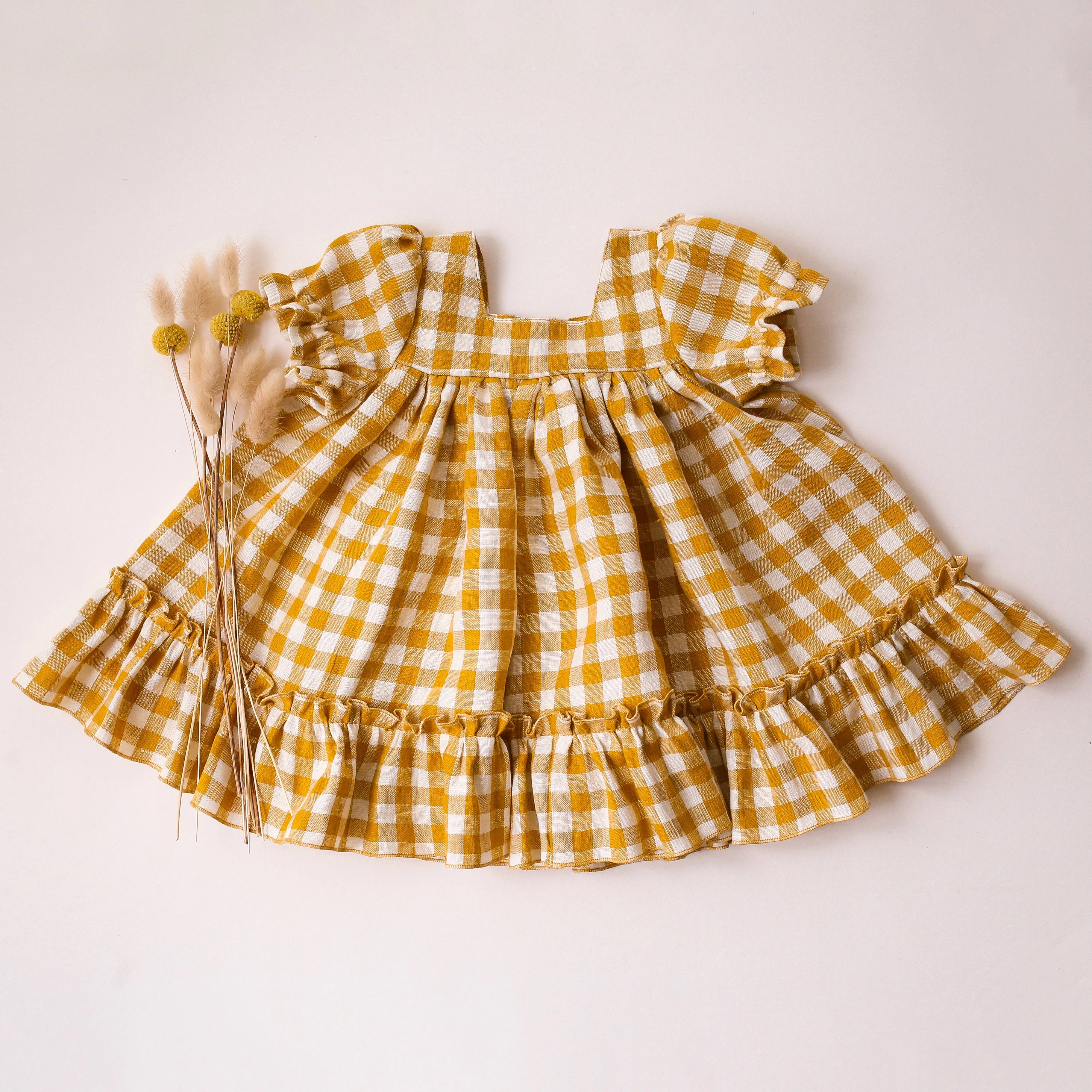 Mustard Yellow Gingham Linen Short Sleeve Square Neck Dress with Ruffled Hem