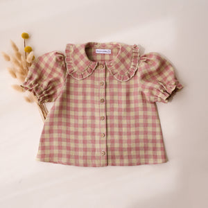 Blush & Cream Gingham Linen Short Sleeve Frilled Collar Button Front Blouse