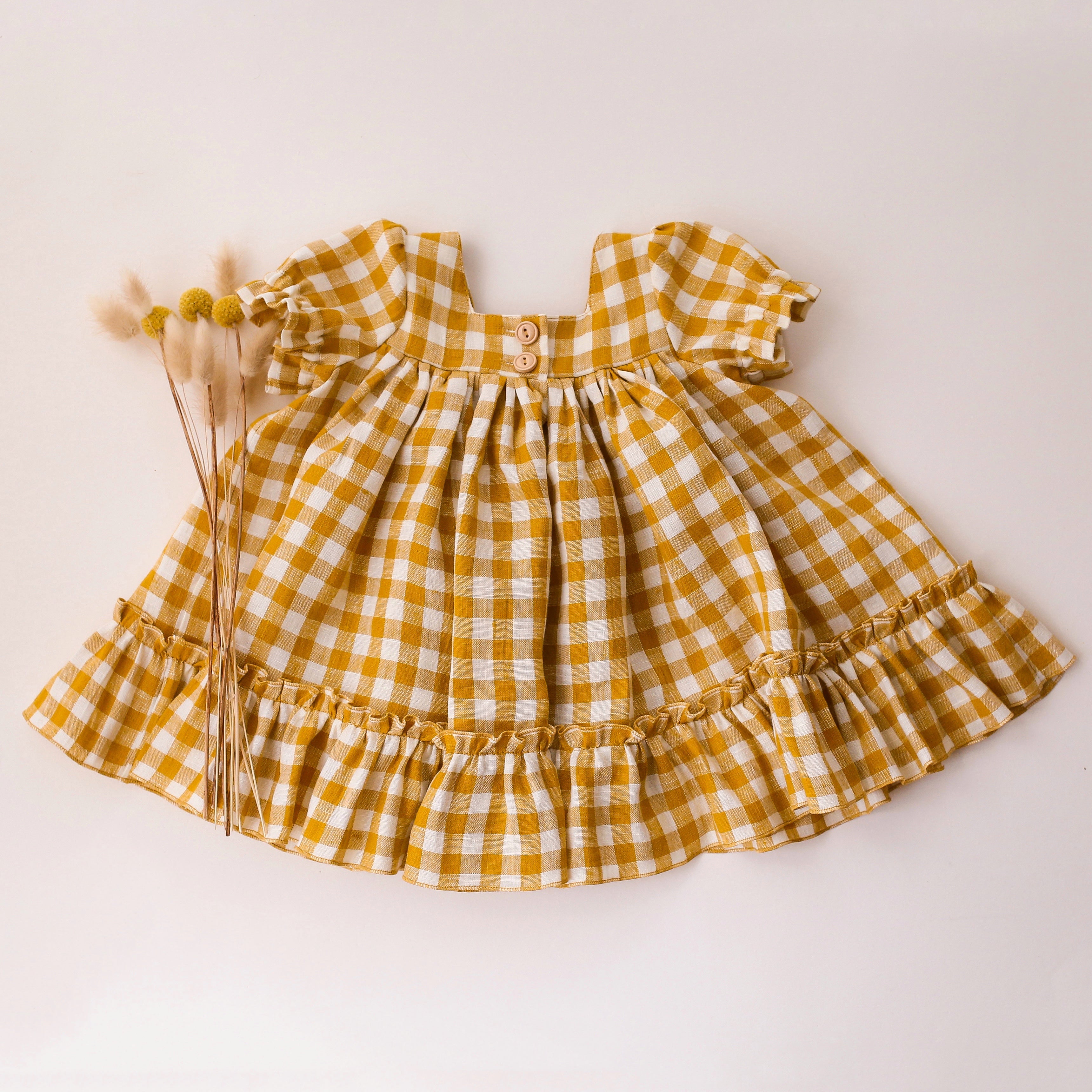 Mustard Yellow Gingham Linen Short Sleeve Square Neck Dress with Ruffled Hem