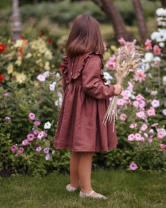 5-6 YRS - Chocolate Plum Linen Long Sleeve Ruffled Bodice Dress