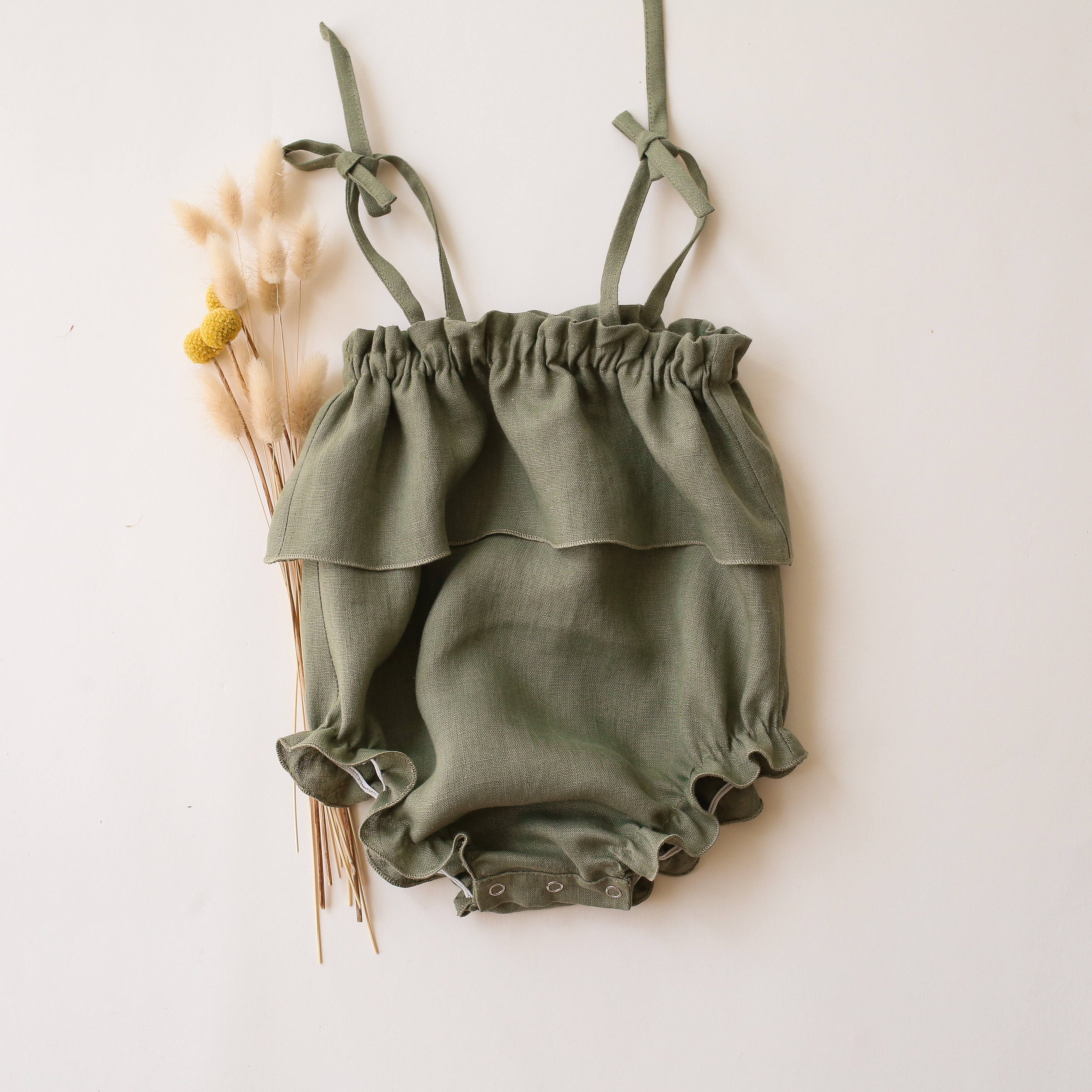 Olive Linen Summer Bubble Playsuit with Ties