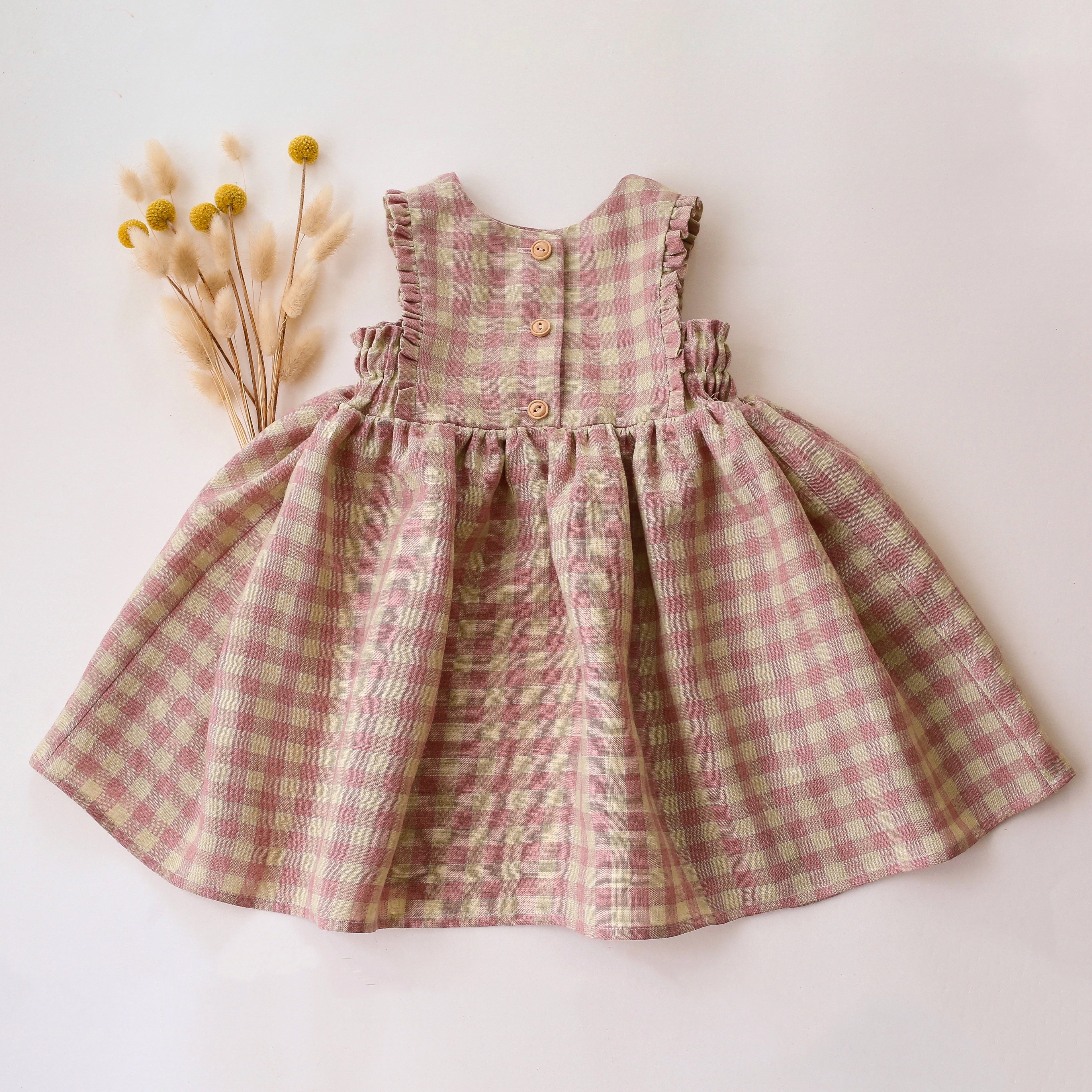 Blush & Cream Gingham Linen Ruffle Pinafore Dress