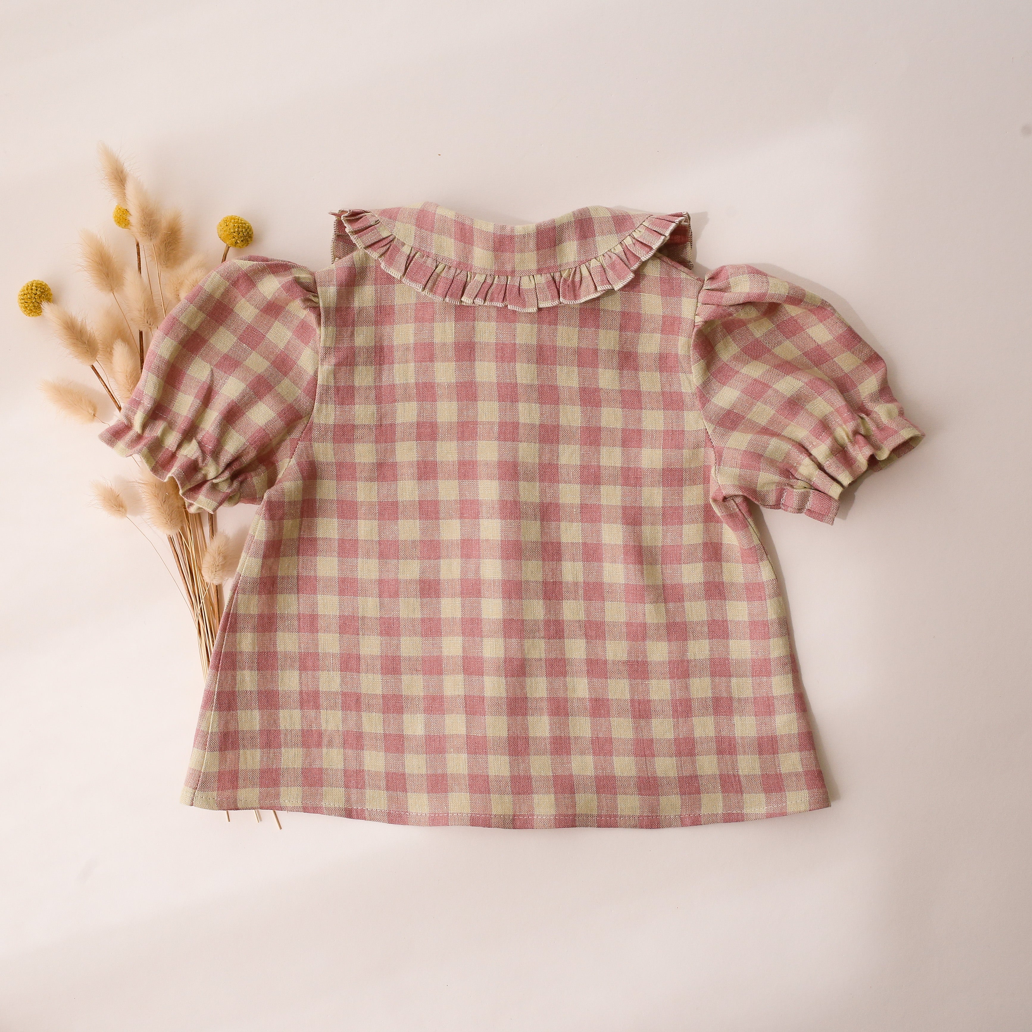 Blush & Cream Gingham Linen Short Sleeve Frilled Collar Button Front Blouse