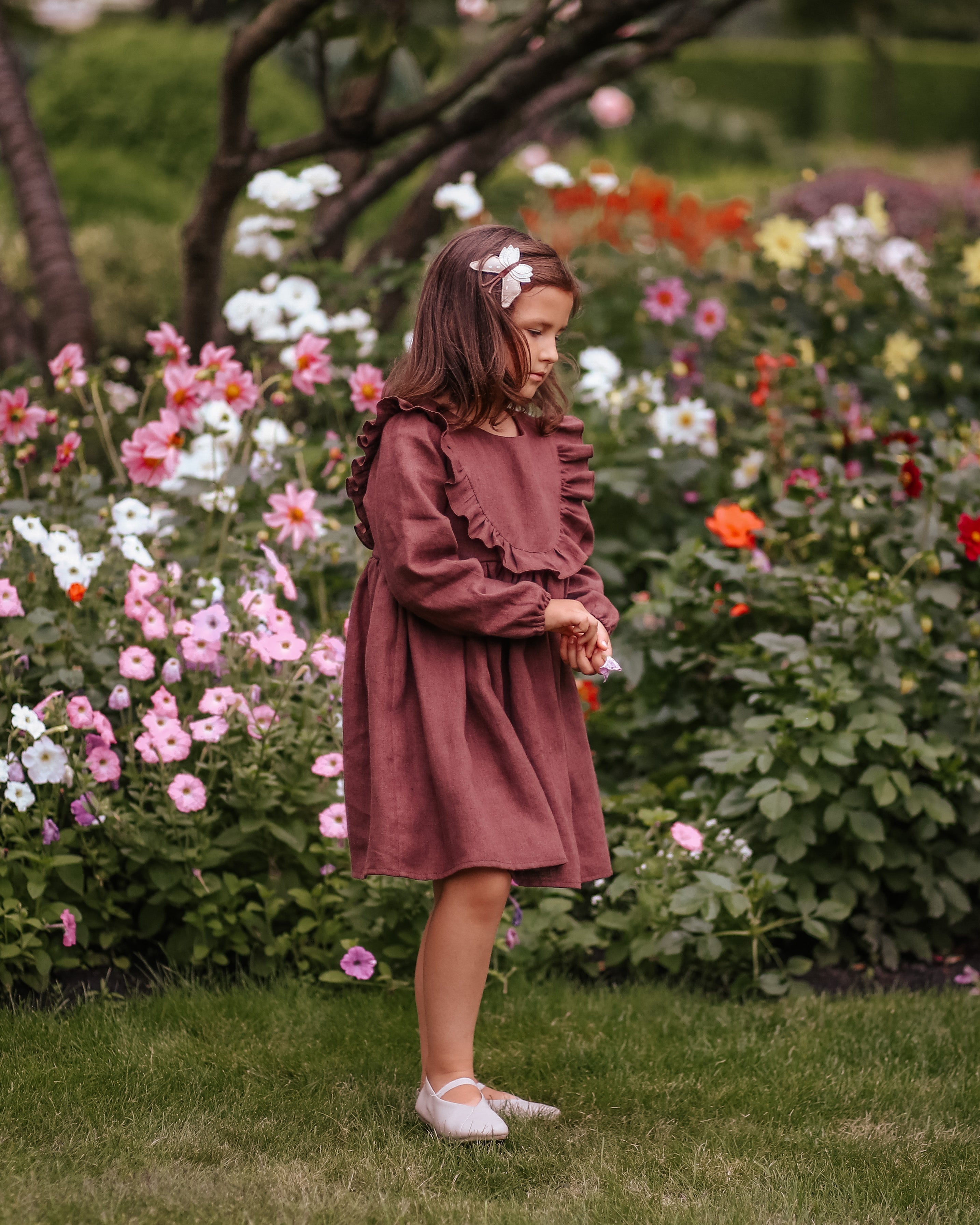 5-6 YRS - Chocolate Plum Linen Long Sleeve Ruffled Bodice Dress