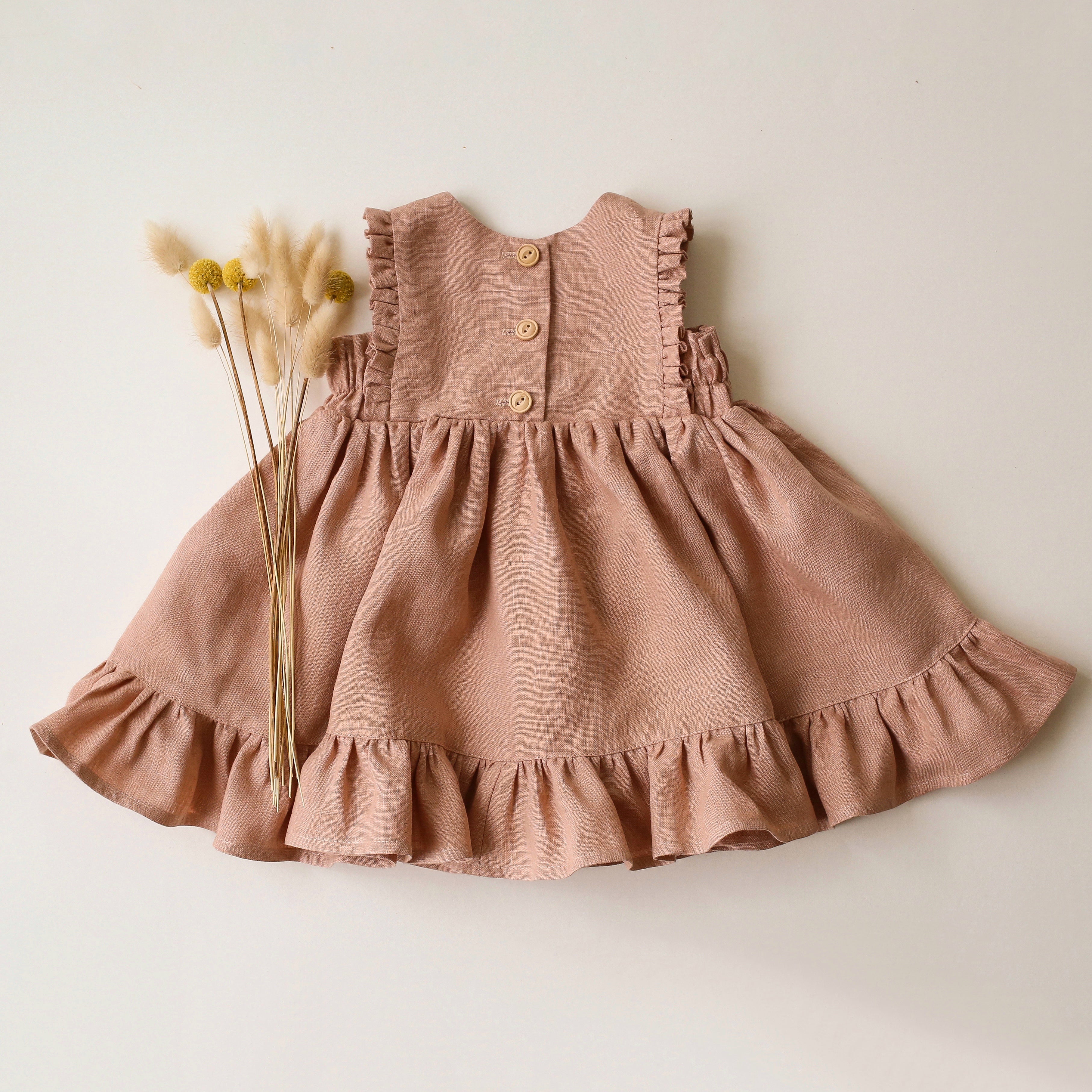 Clay Linen Pinafore Dress with Ruffled Hem