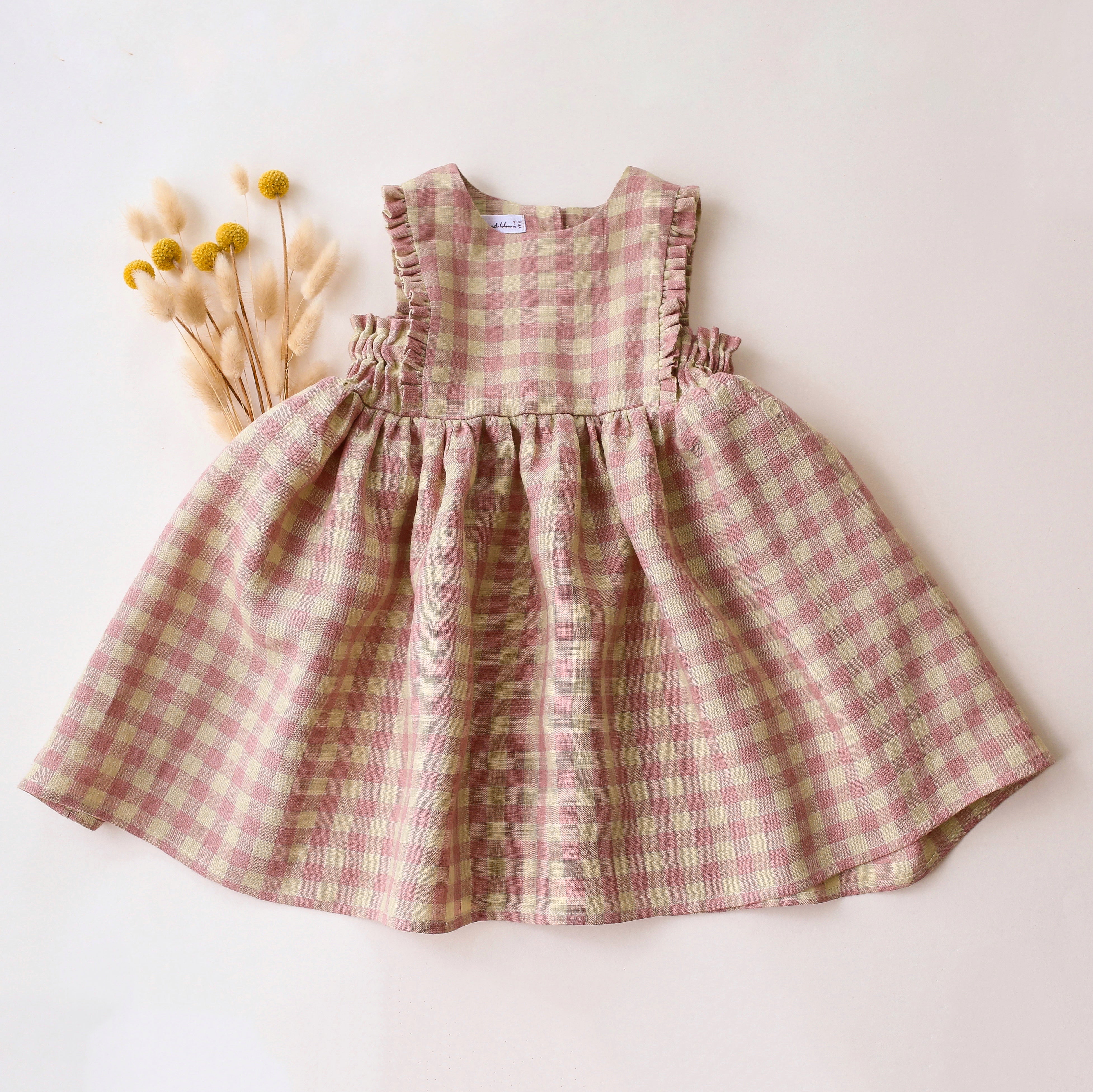 Blush & Cream Gingham Linen Ruffle Pinafore Dress