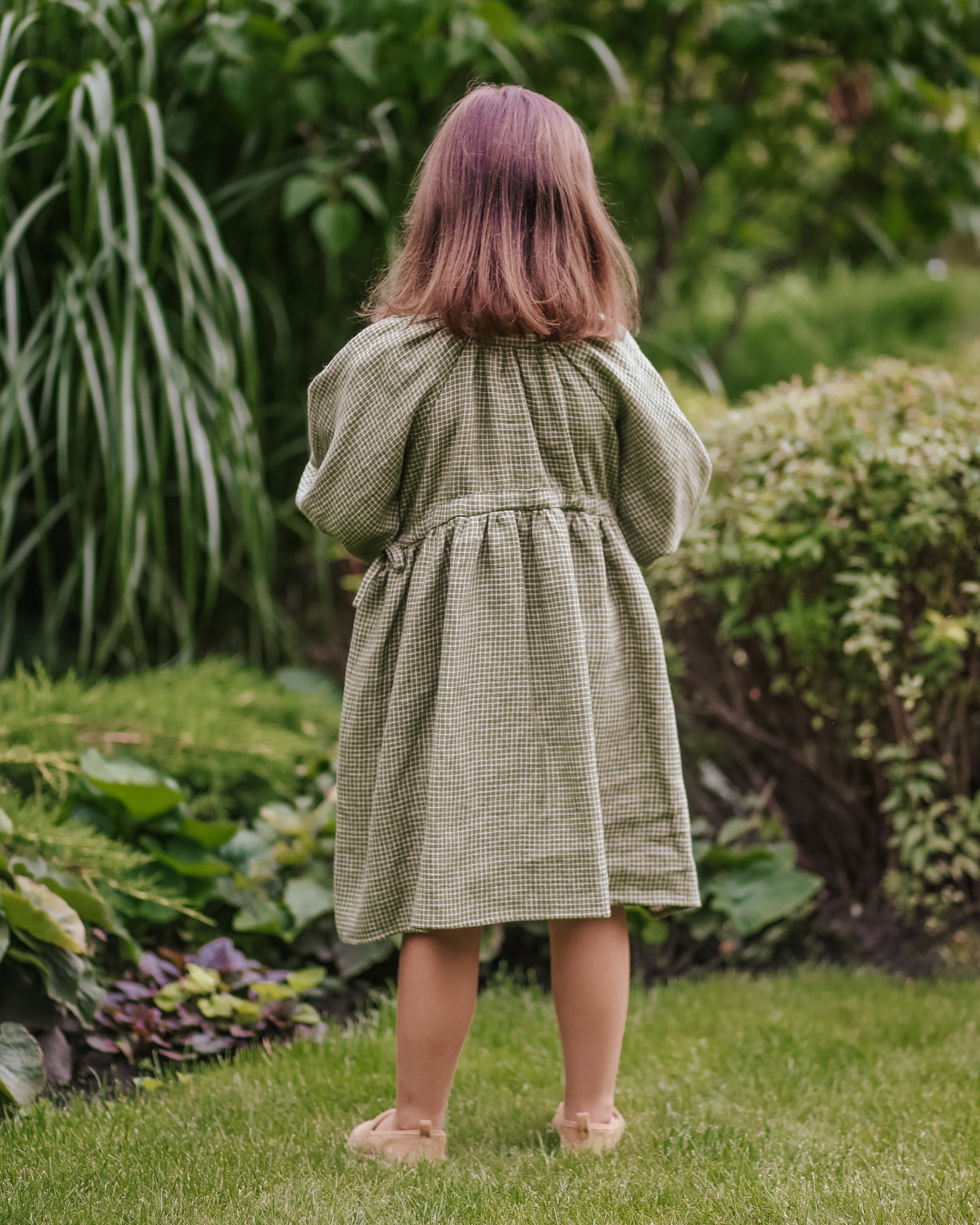 Green Smoke Linen Long Sleeve Button Front Dress with Curved Waistline