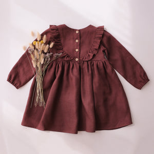 5-6 YRS - Chocolate Plum Linen Long Sleeve Ruffled Bodice Dress