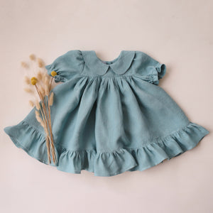 Duck Egg Blue Linen Short Sleeve Peter Pan Collar Babydoll Bodice Dress