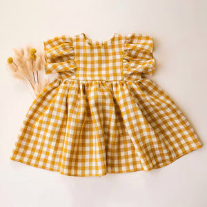 Mustard Yellow Gingham Linen Ruffle Sleeve Dress
