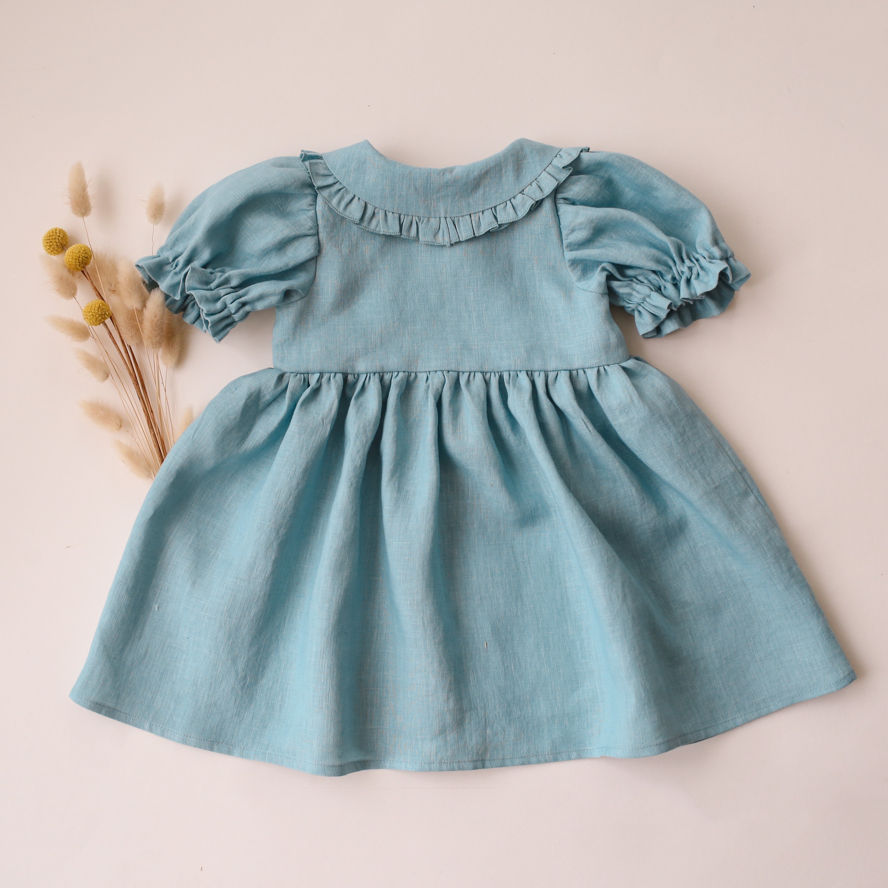 Duck Egg Blue Linen Short Sleeve Frilled Collar Dress