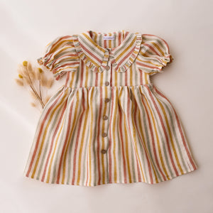Rainbow Linen Short Sleeve Frilled Collar Dress