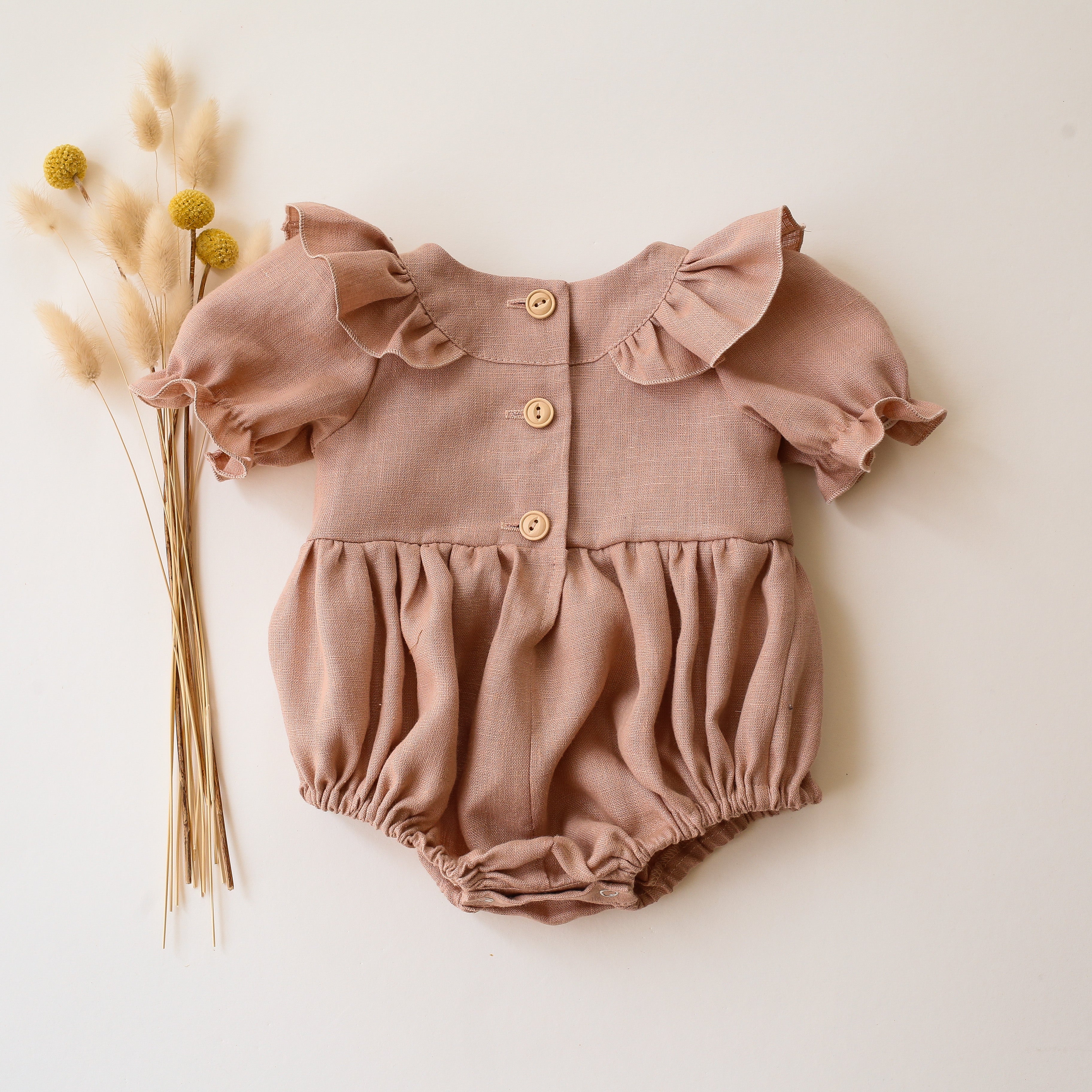 Clay Linen Short Sleeve Flutter Bodice Bubble Playsuit