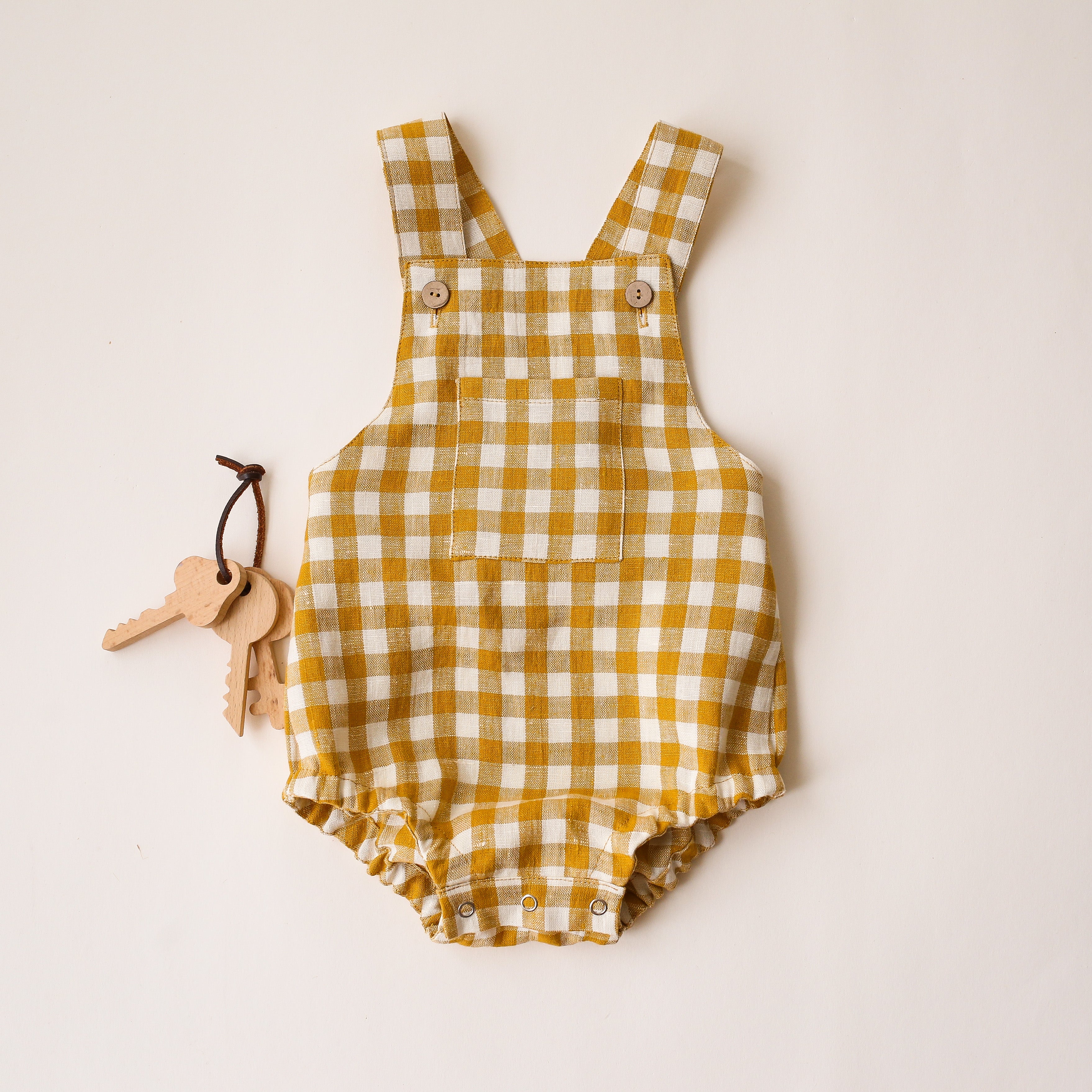 Mustard Yellow Gingham Linen Straps Romper with Front Pocket