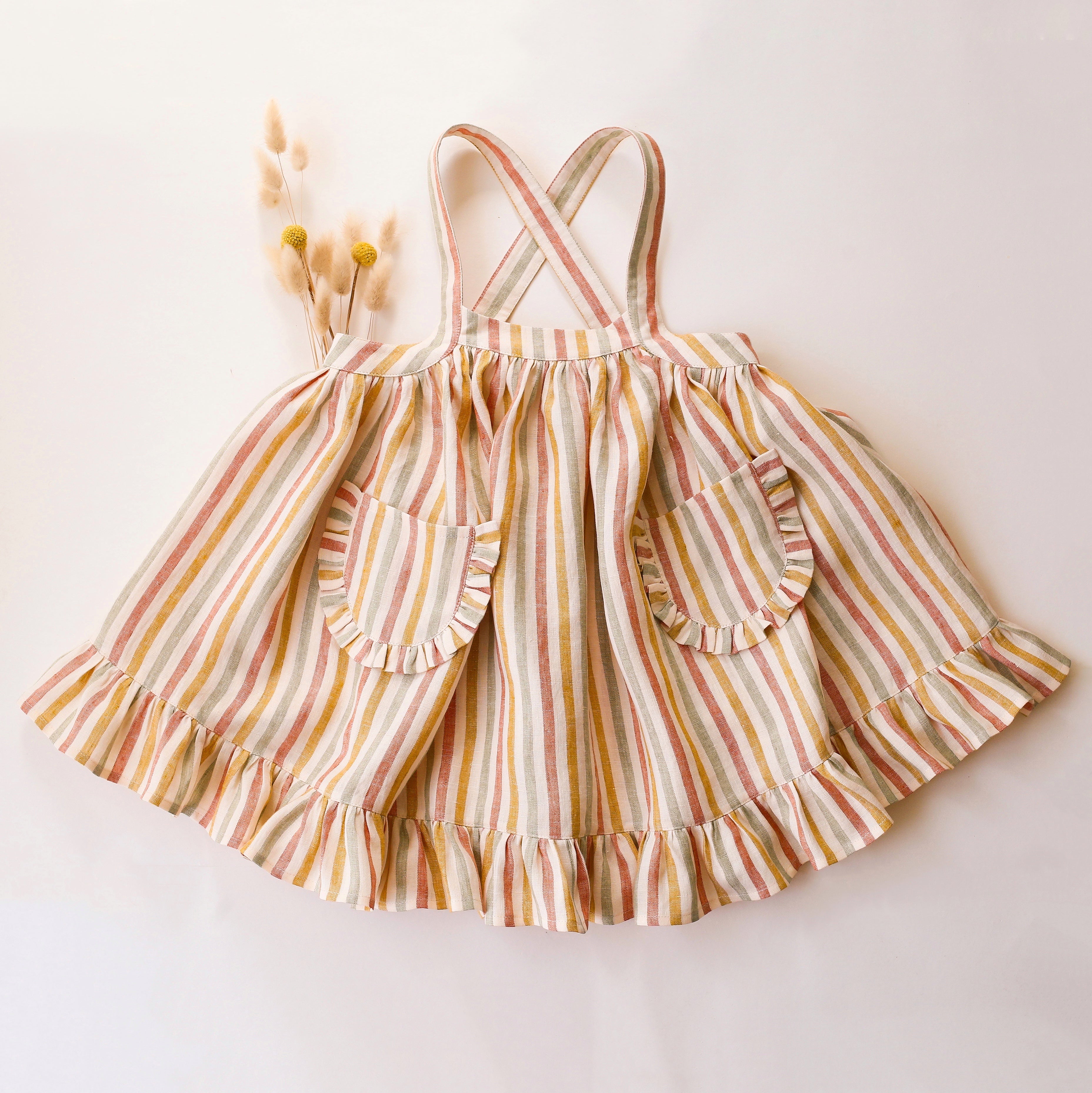 Rainbow Linen Straps Pinafore with Frills