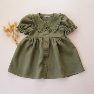 Olive Linen Short Sleeve Frilled Collar Dress