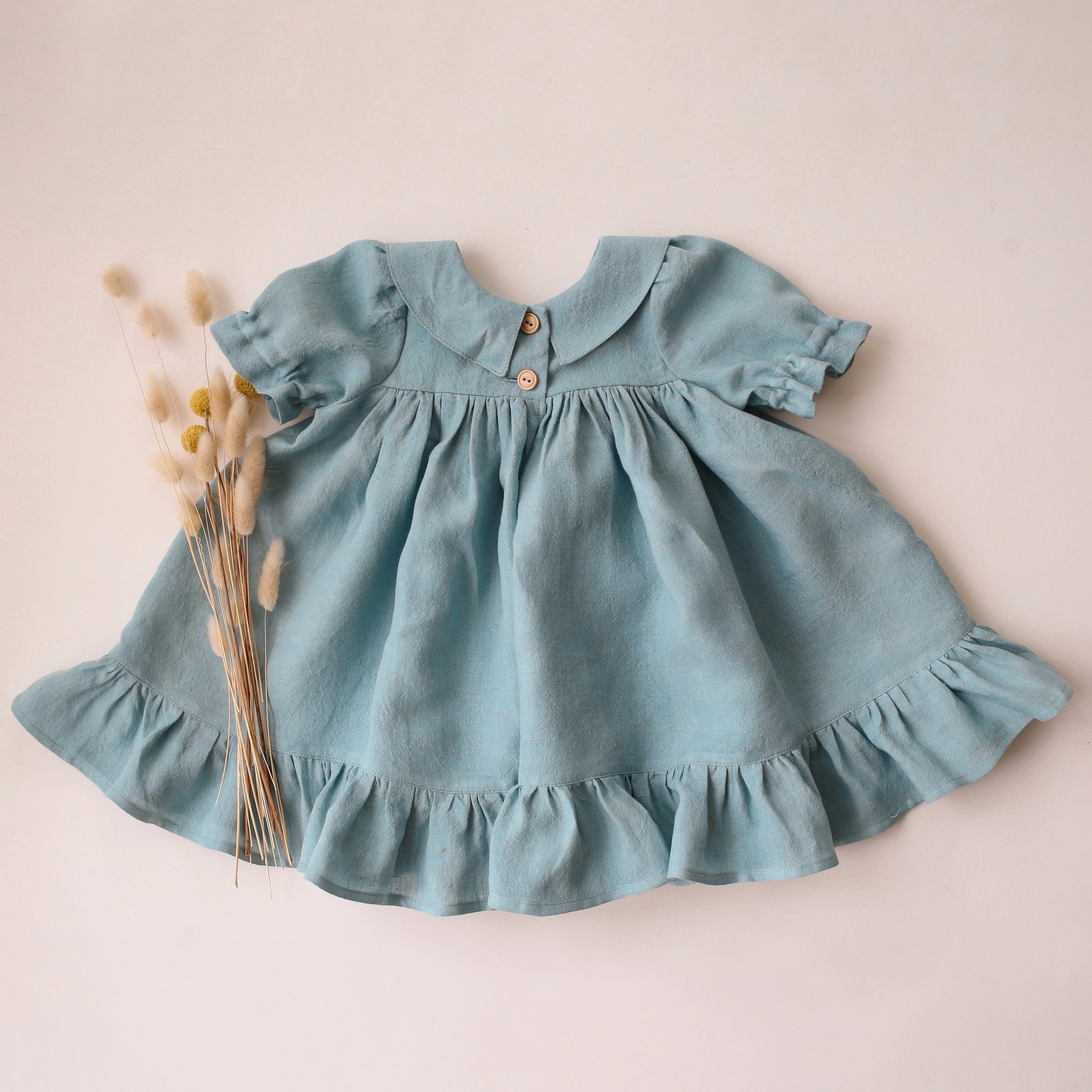 Duck Egg Blue Linen Short Sleeve Peter Pan Collar Babydoll Bodice Dress