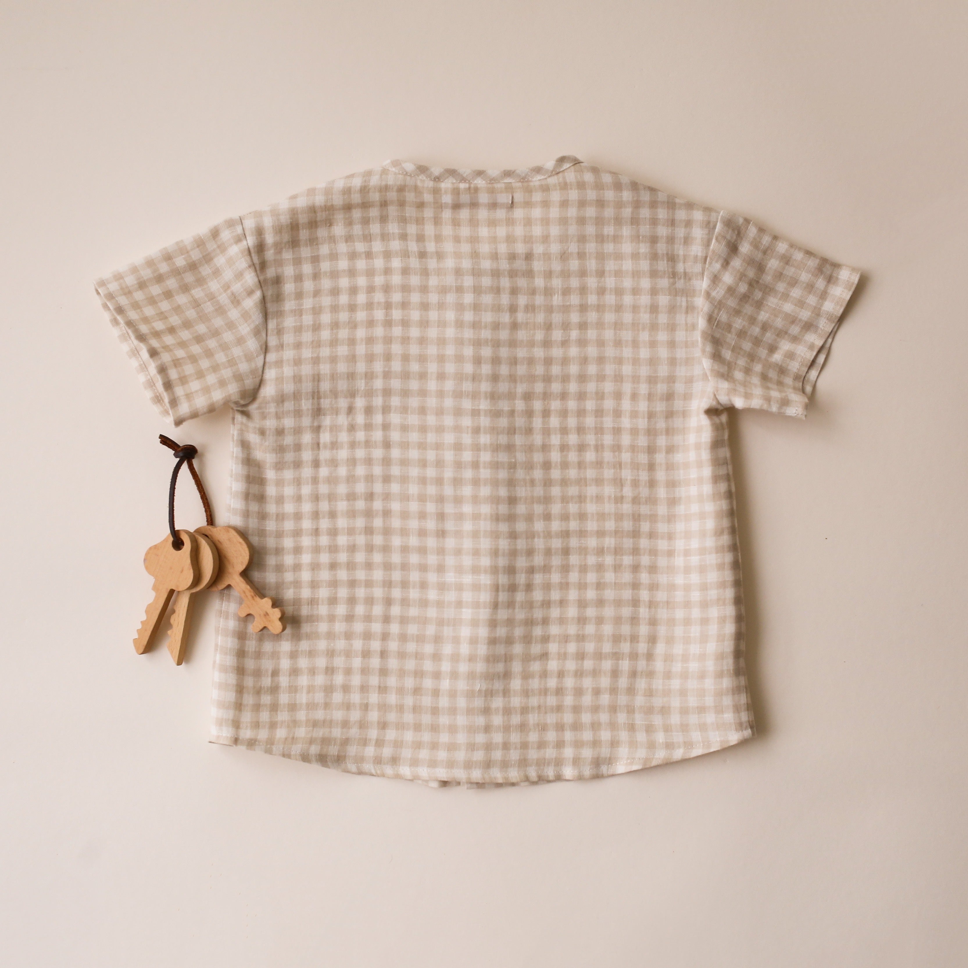12-18 months - Beige Gingham Linen Short Sleeve Buttoned Shirt with Pocket
