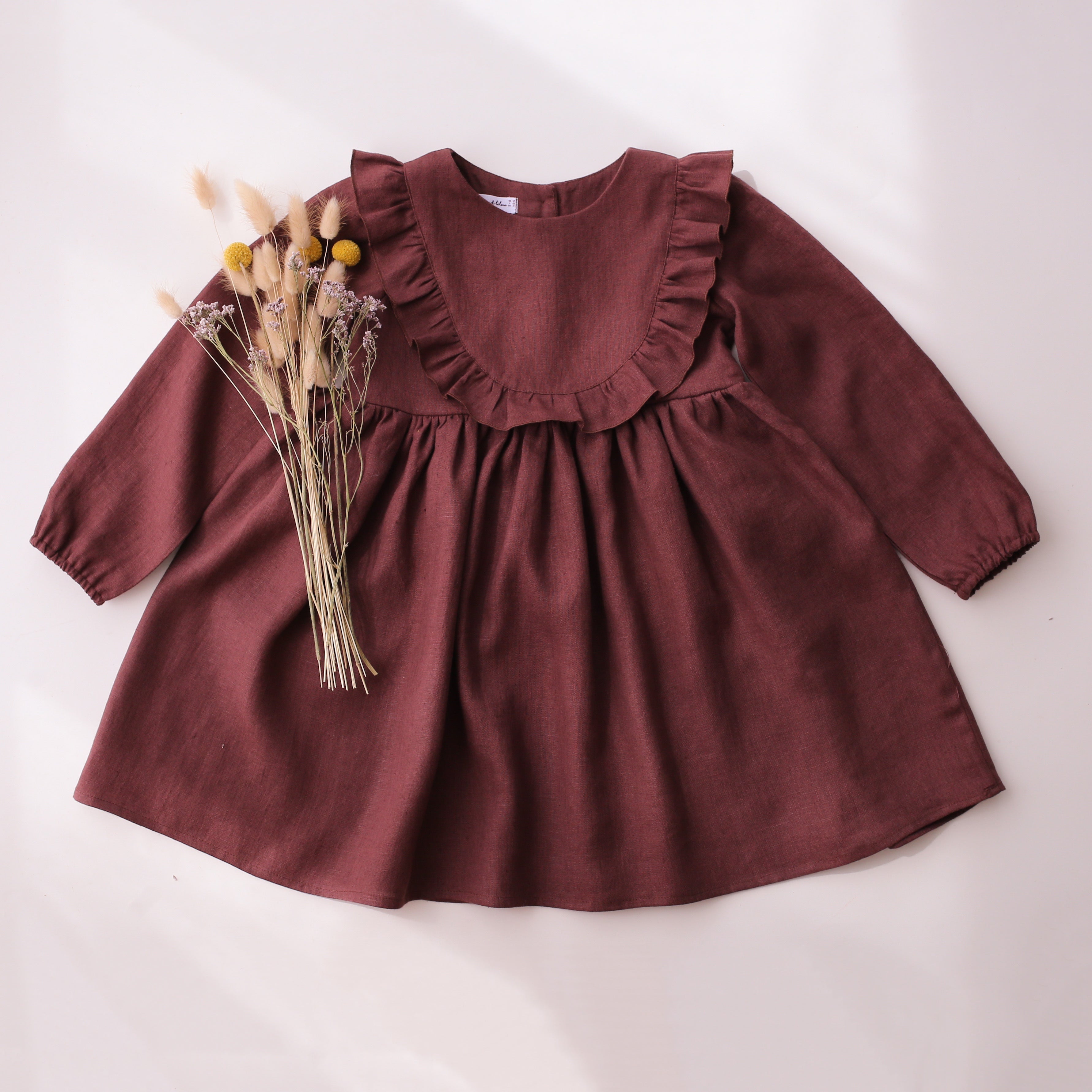 5-6 YRS - Chocolate Plum Linen Long Sleeve Ruffled Bodice Dress
