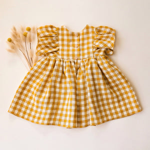 Mustard Yellow Gingham Linen Ruffle Sleeve Dress